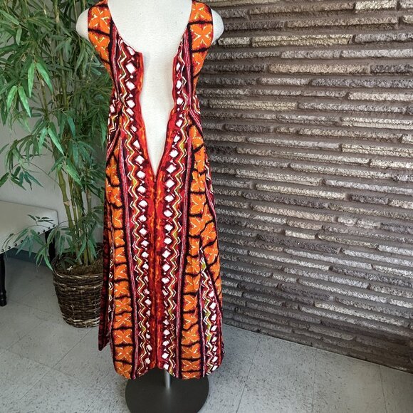 Ui-Maikai Hawaiian Vintage Orange Tribal Print Barkcloth Maxi Dress XS - Picture 5 of 8